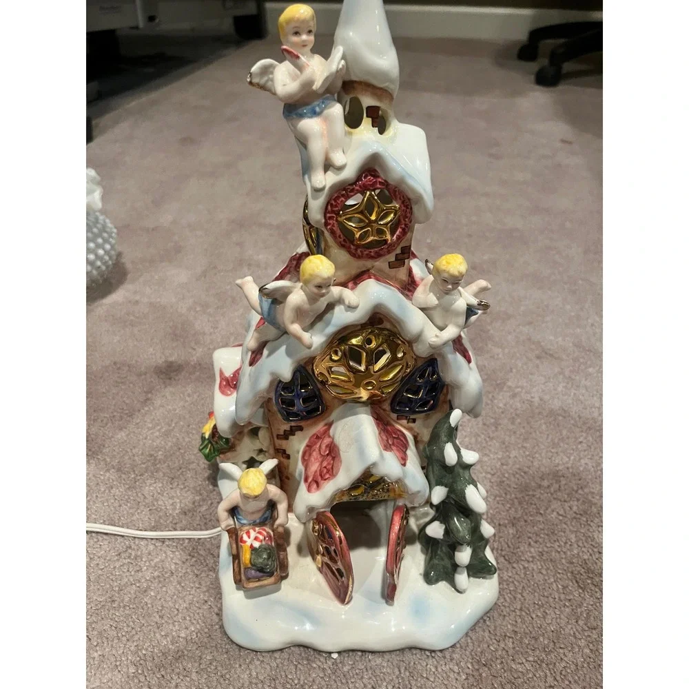 Grandeur Noel Lighted Ceramic Holiday House Angels Christmas Village Collector
